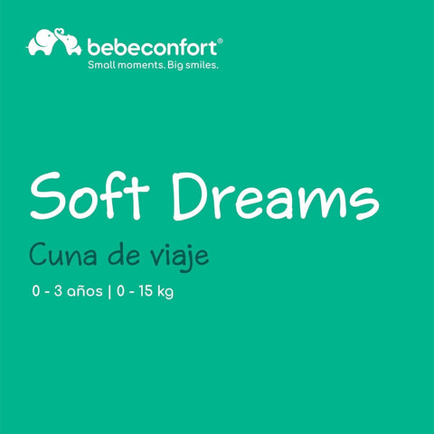 Bebeconfort travel crib advertisement with 'Soft Dreams' text on a green background