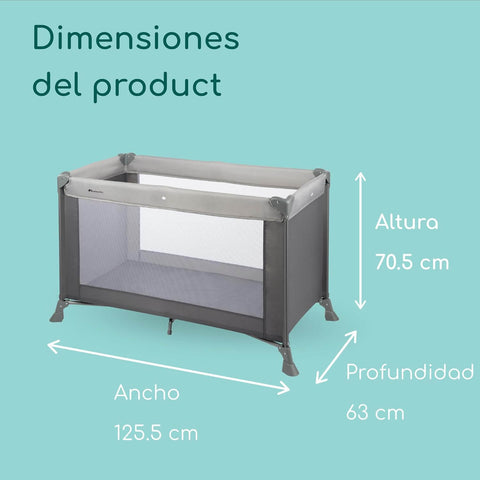 Dimensions of a baby playpen on a teal background