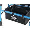 Black bag with KMINA branding attached to a blue metal frame on a white background