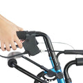 Hand holding a black handlebar grip on a bicycle with a white background