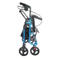 Rollator with blue frame and black wheels on a white background
