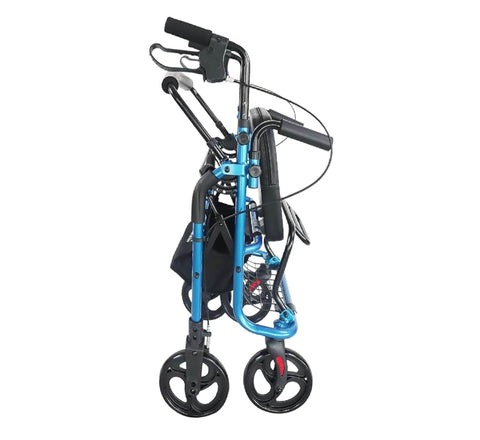 Rollator with blue frame and black wheels on a white background