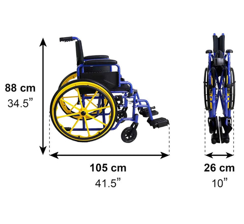 Wheelchair with measurements indicated on a white background