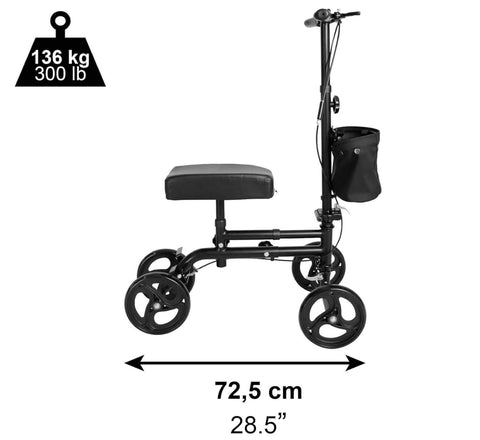 Black knee walker with measurement details on a white background