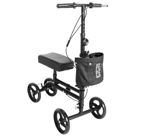Black knee scooter with a bag labeled 'PEPE' on a white background