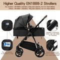 Black stroller with features highlighted on a beige background