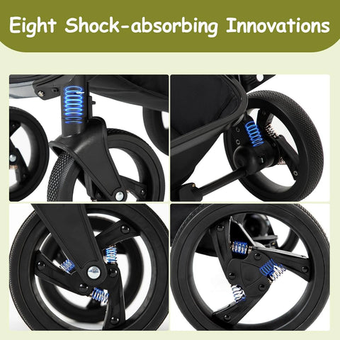 Close-up of a stroller wheel with shock-absorbing technology and text 'Eight Shock-absorbing Innovations'.