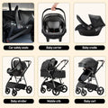 Collage of various baby products including car safety seats, baby carrier, baby cradle, baby stroller, mobile crib, and baby cart on a beige background.