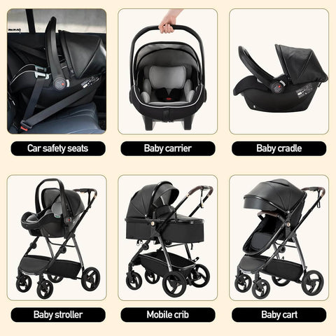 Collage of various baby products including car safety seats, baby carrier, baby cradle, baby stroller, mobile crib, and baby cart on a beige background.