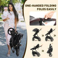 Woman holding a baby and a folded stroller with text highlighting one-handed folding ease.