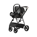 Black stroller with baby car seat on a white background