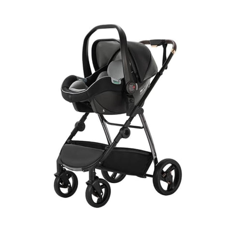 Black stroller with baby car seat on a white background