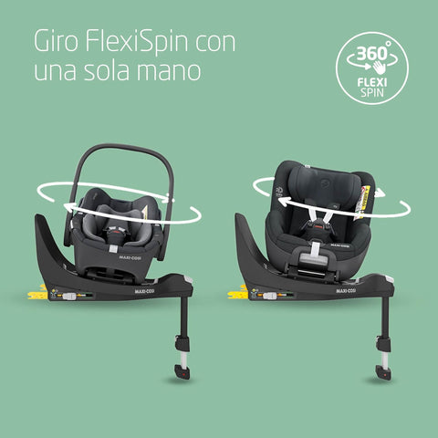 Baby car seat with 360-degree rotation feature on a green background