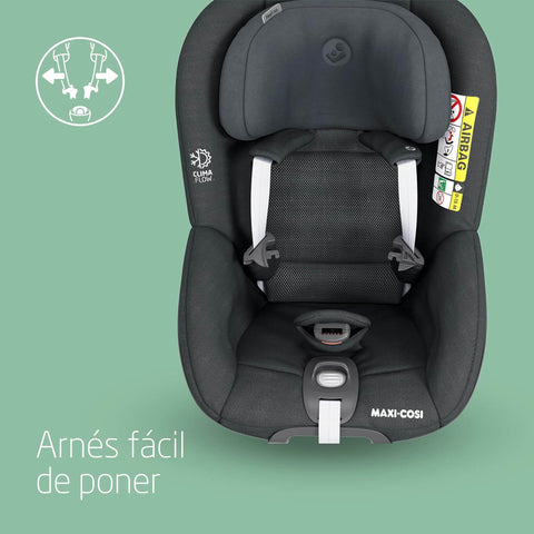 Maxi-Cosi car seat with 'Arnes facil de poner' text on a green background