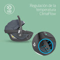 Baby car seat with ClimaFlow temperature regulation system on a green background
