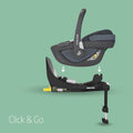 Maxi-Cosi car seat assembly on a green background with 'Click & Go' text.