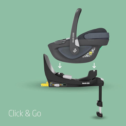 Maxi-Cosi car seat assembly on a green background with 'Click & Go' text.
