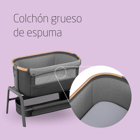 Baby crib with a thick foam mattress on a purple background
