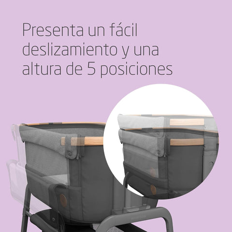 Baby bassinet with height adjustment feature on a purple background