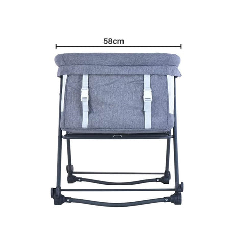 Gray baby rocker with dimensions indicated on a white background