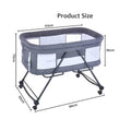 Dimensions of a portable baby crib on a white background