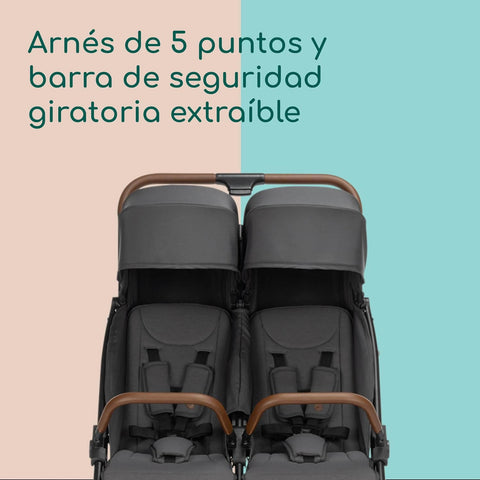 Double stroller with five-point safety harness and detachable rotating bar on a two-tone background.