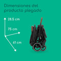 Folded stroller with dimensions labeled on a green background