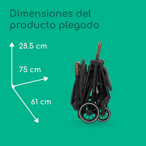 Folded stroller with dimensions labeled on a green background