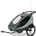 Green bike trailer with an orange flag on a white background
