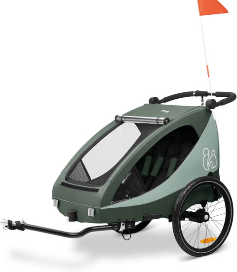 Green bike trailer with an orange flag on a white background