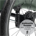Close-up of a bicycle wheel with suspension system and text in Spanish.