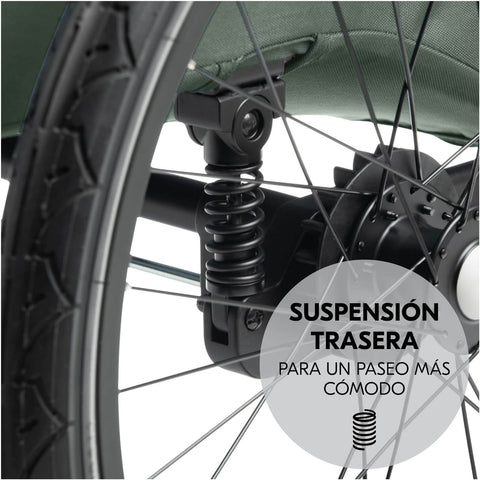 Close-up of a bicycle wheel with suspension system and text in Spanish.