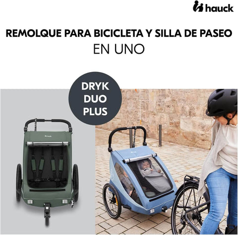Hauck dryk duo plus bicycle trailer with a woman and child on a brick path.