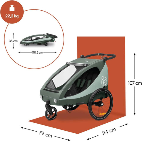 Green baby stroller with dimensions and weight information on a white background