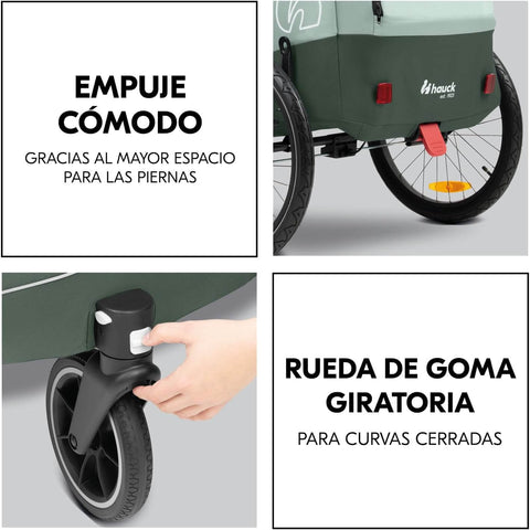 Bicycle trailer with text highlighting features on a gray background