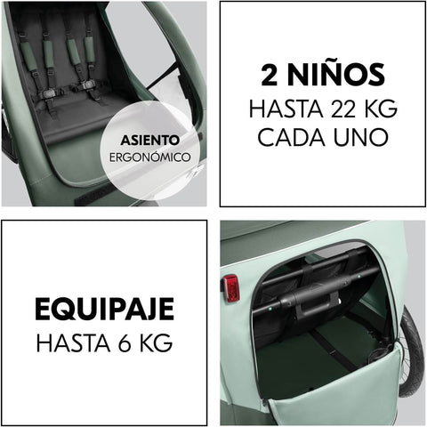 Car seat with ergonomic design and storage compartment, featuring text in Spanish about weight limits for children and luggage.