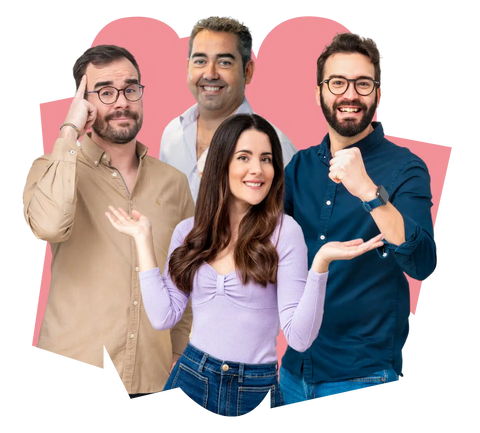 Four people posing together with a pink abstract background